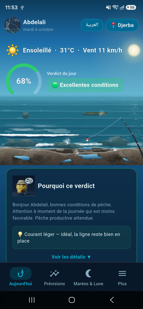 Écran d'accueil de Pilota : verdict de pêche de 68 % et mer du jour